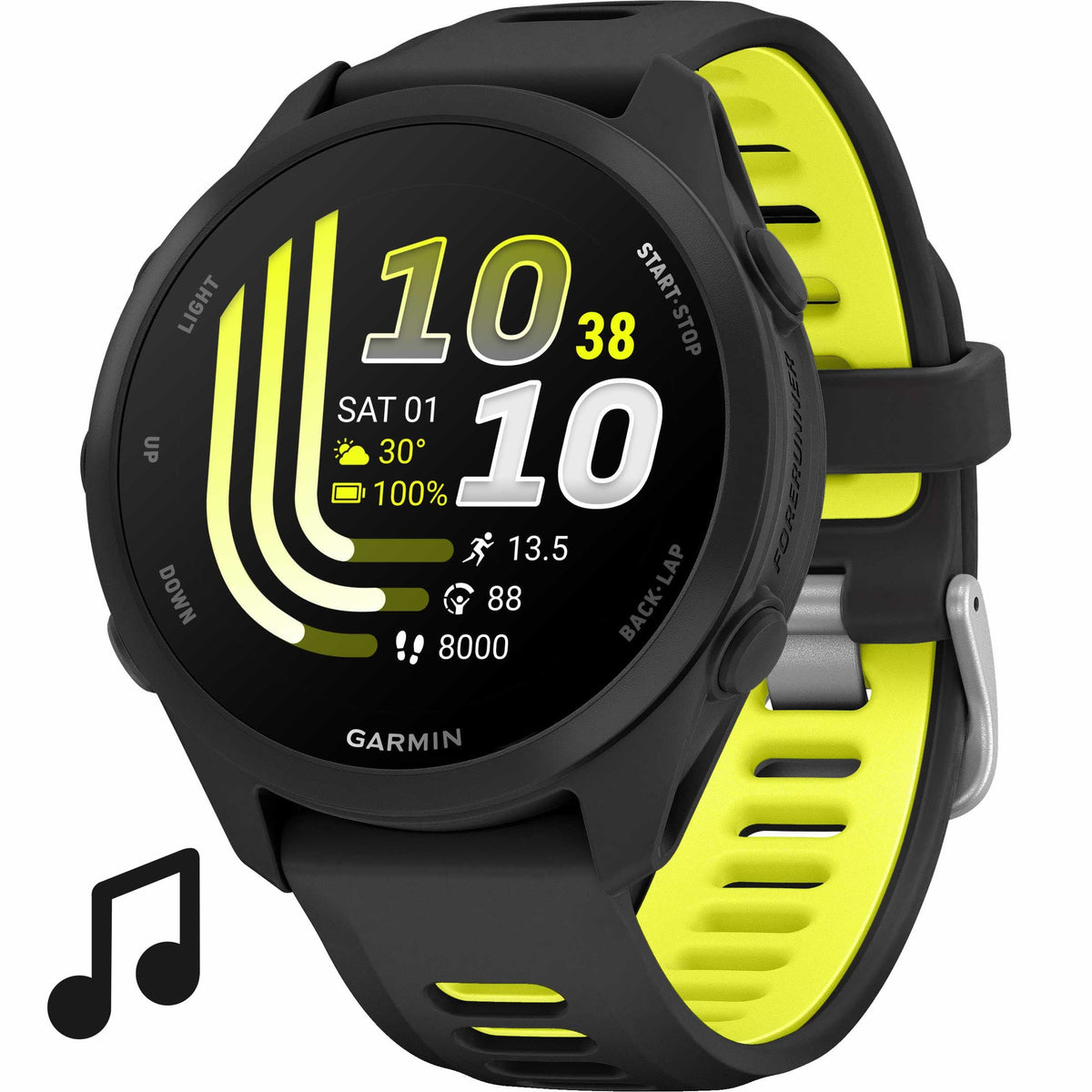 Garmin Forerunner 170 Music Schwarz – GPS-Laufuhr mit Musik, AMOLED-Display & 20 mm  Quick Release Amp Yellow